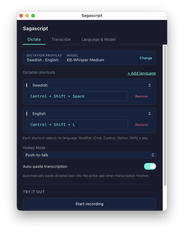 Image showing SagaScripts dictate settings